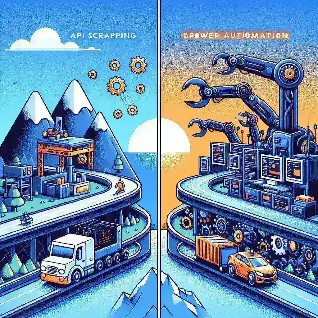 "Infographic comparing API-based scraping and browser automation for data extraction, highlighting key benefits, use cases, and performance metrics."